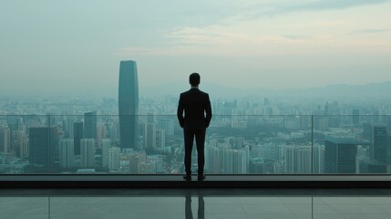 Fototapeta premium Businessman Gazing at Urban Skyline from High-Rise Building