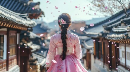 Obraz premium Back view of korean asian woman in traditional korean dress or hanbok dress walking in old palace in night with full moon, Seoul city, South Korea,copy space.