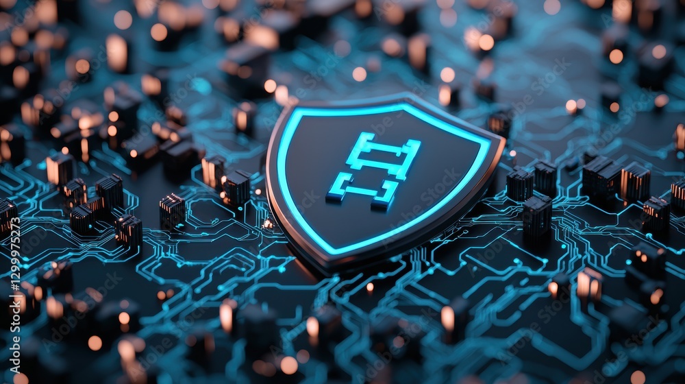 Poster a futuristic metallic shield with glowing blue circuits, superimposed over a network map with data s