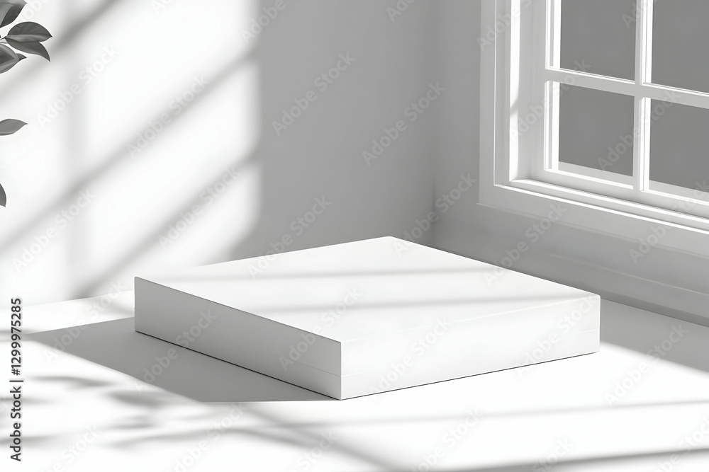 Poster minimalist white square box on a bright surface, sunlight streams through a window, creating shadows