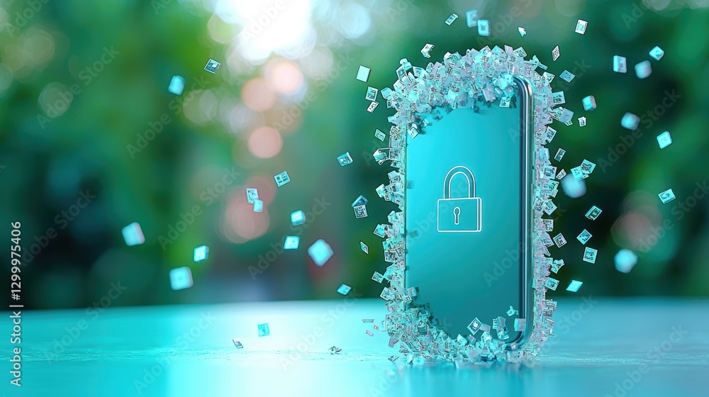 Poster a smartphone screen displaying a shield icon with a padlock, conveying the concept of mobile securit