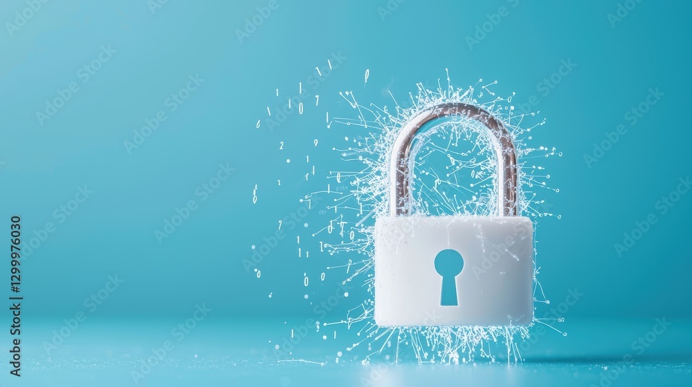 Poster a conceptual image of a digital lock being broken by lines of malicious code, symbolizing a successf