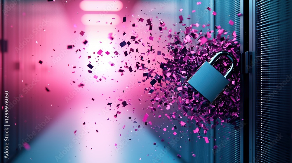 Poster a broken padlock superimposed on a blurred background of computer servers, representing the aftermat