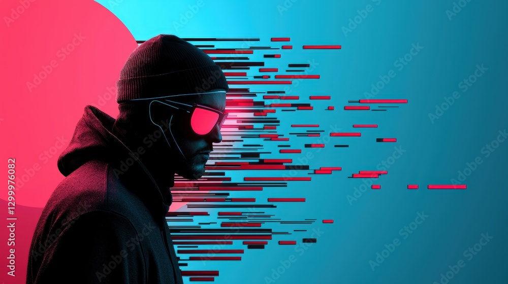 Poster a graphic illustration of a hacker using a laptop to gain unauthorized access to a network, with dat