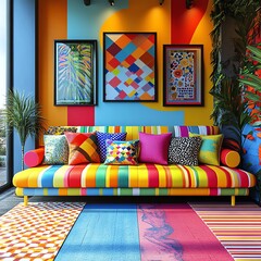 Vibrant modern living room with colorful decor