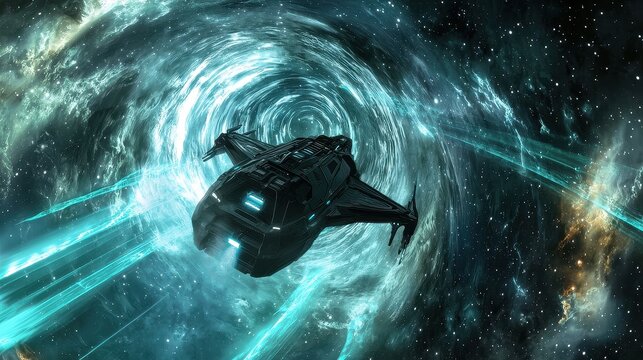 Futuristic Spacecraft Traveling Through a Cosmic Wormhole in Space