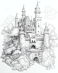 Obraz premium Kids' Coloring Book: Bold Line Art Illustrations for Fun and Creative Learning, Intricate sketch of a fantasy castle.