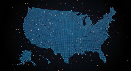 A futuristic digital map of the United States glowing with blue light