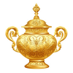 A high-quality vector-style illustration of a traditional golden censer, beautifully embossed with detailed swirling patterns and floral motifs, transparent background, PNG