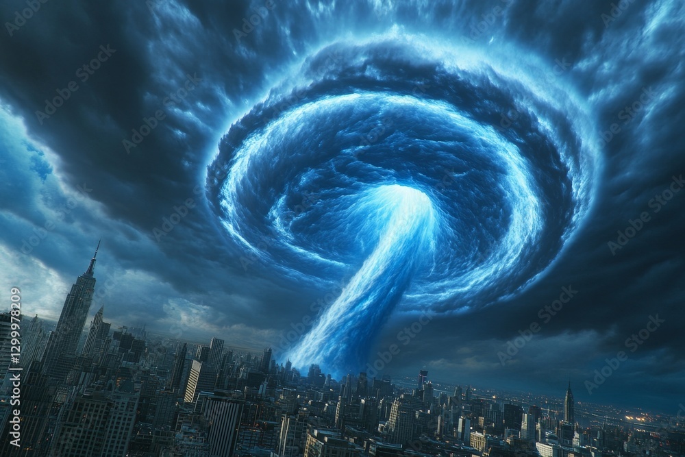 Poster a futuristic city with advanced weather shields protecting it from a massive tornado
