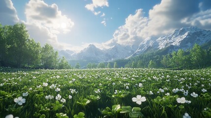 A misty forest stream filled with lush green clover leaves, flowing through a sunlit woodland scene, creating a serene and natural landscape.

