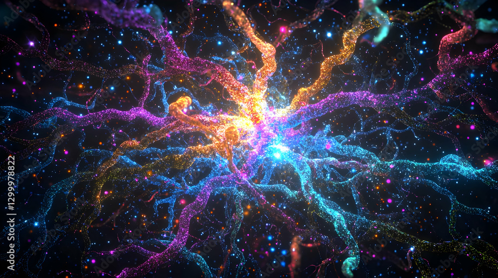 Poster abstract digital particle explosion with vibrant colors and glowing bokeh on black background
