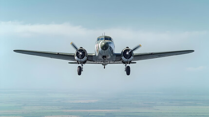 Vintage Military Airplane in Flight with Twin Propellers Against a Cloudy Sky