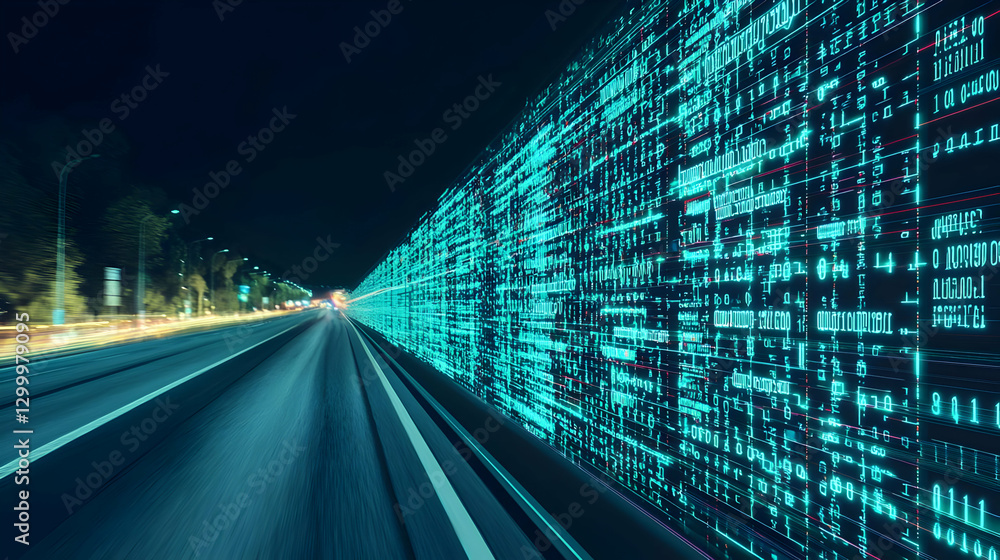 Poster abstract digital data stream alongside illuminated highway at night
