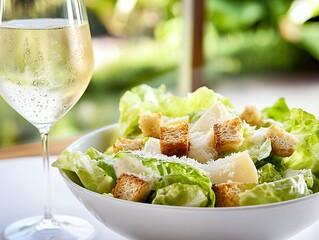 フレッシュなシーザーサラダと冷えた白ワインの爽やかなランチ | Fresh Caesar Salad with Chilled White Wine

