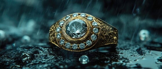 A sparkling gold ring with a large central stone surrounded by smaller diamonds, set against a dark, rainy backdrop.