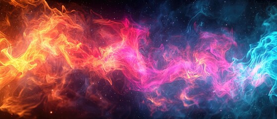 A vibrant cosmic swirl of colors including orange, pink, and blue, creating an ethereal atmosphere reminiscent of deep space.