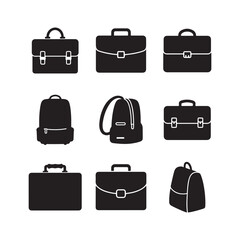 backpack briefcase handbag travel bag business case school bag icon set vector silhouette design