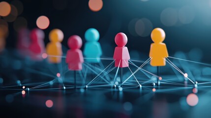 A diverse team of individuals represented by brightly colored silhouettes engaged in a lively discussion, with connecting lines symbolizing their shared goals.