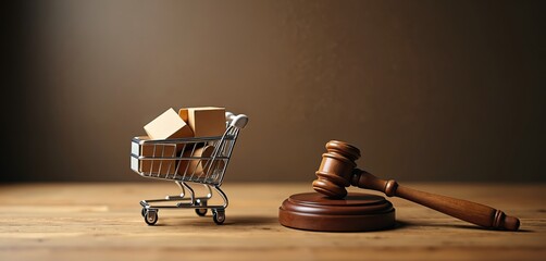 Judge gavel and shopping cart with boxes on wood table. Concept of consumer rights, responsibilities to safety, customer protection, commercial law in retail, e-commerce, online shopping.