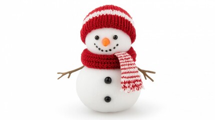 Charming Snowman with Red Hat and Scarf on White Background