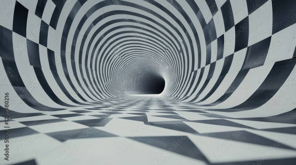Poster abstract tunnel with optical illusion patterns in black and white