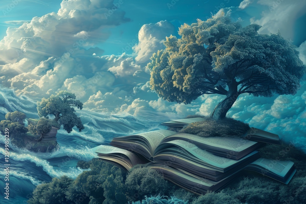 Poster a surreal landscape of open books and trees against a backdrop of fluffy clouds, dreamlike landscape