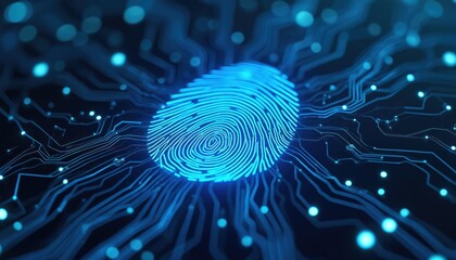 Electronic banking account protection concept. Cybersecurity of pro trading with fingerprint and secure online connection. Digital technology of 2fa authentication login on futuristic banner.