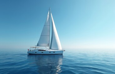 Fototapeta premium Sailing boat floats in calm sea with open white sails against clear blue sky. Luxury yacht floating at ocean. Concept of summer travel, vacation, holiday, cruise.
