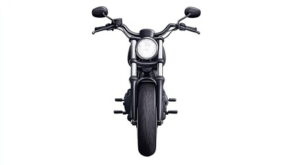 Front view of a sleek black motorcycle showcasing its design and detailing against a plain backdrop