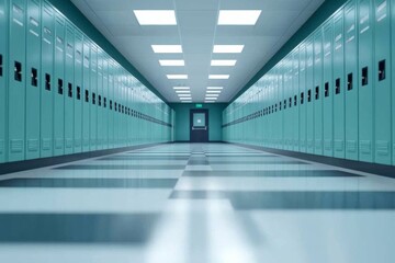 Obraz premium Hallway lined with teal lockers leading to a door in a well-lit school building