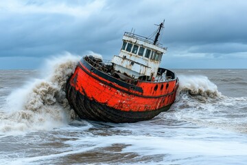 Fototapeta premium A gothic-style shipwreck caught in a violent typhoon, engulfed by monstrous waves