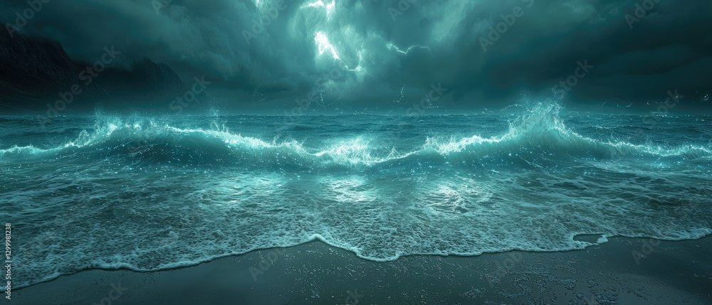 Poster a moody ocean scene with dark clouds and illuminated waves, creating a dramatic and tranquil seascap
