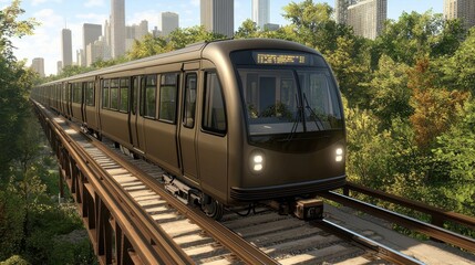 Naklejka premium Modern Urban Train Traveling Through Lush Green Nature Landscape