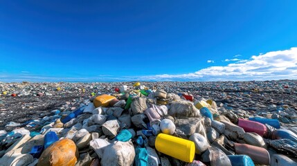 Extensive Plastic Waste Disposal Site Under Bright Sunny Sky