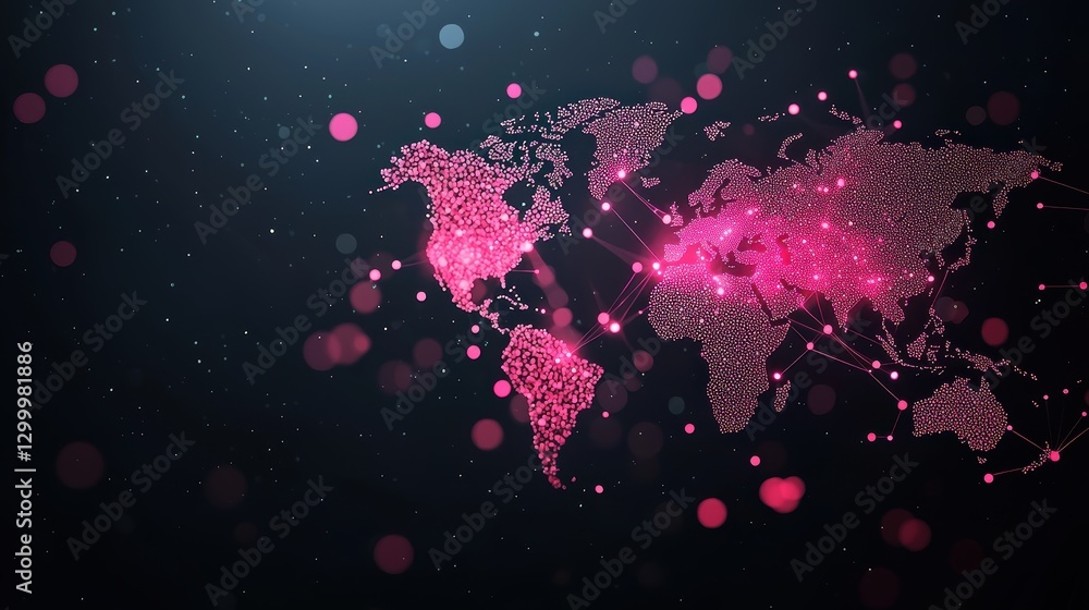 Poster a world map with data streams flowing between continents, represented by glowing lines and pulsating