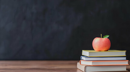 Red Apple With Green Leaf on Top of Stacked Books on Wooden Desk Against Black Background