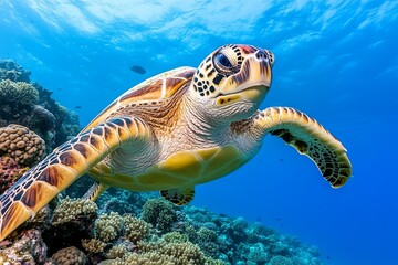 Obraz premium A group of sea turtles swimming near the coral reefs of a tropical island