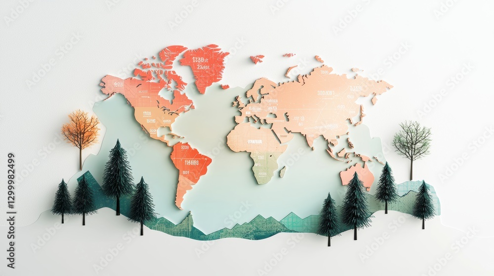 Poster a world map overlaid with data visualizations showing economic indicators and trends for different r