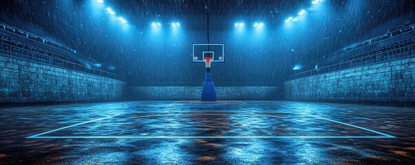 A dramatic basketball court setting under blue lighting, featuring a player poised to shoot amidst a rain-soaked floor.