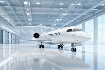 Luxury private jet parked in a modern hangar with large windows and sleek design
