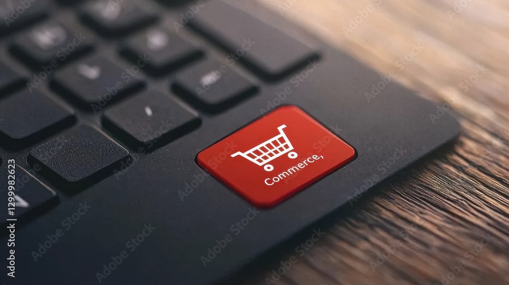 Poster red shopping cart button on computer keyboard for online commerce