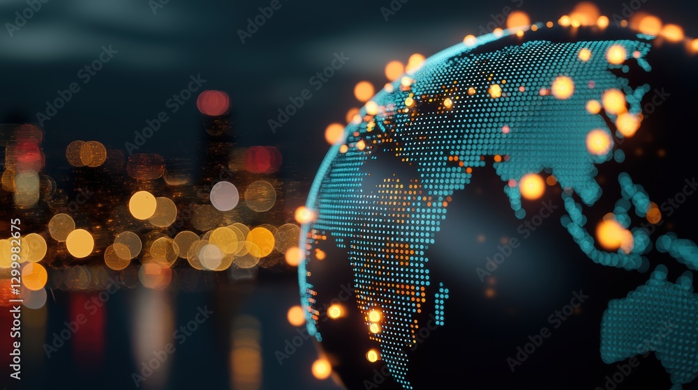 Poster a world map with glowing dots representing centers of ai research and development, highlighting the 