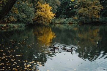 Fototapeta premium A peaceful lake surrounded by lush autumn foliage, with a family of ducks gliding across its calm surface, A serene lake with a family of ducks swimming