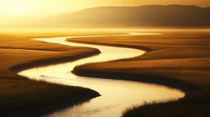 Fototapeta premium Flowing River Through Golden Fields at Sunrise