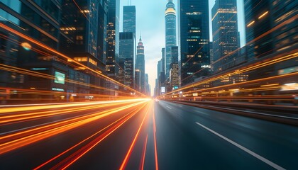 Speeding cars on a futuristic city highway at night.	