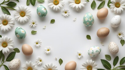 Easter-themed background with decorative eggs and daisies.