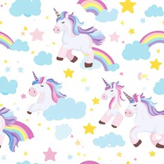 Enchanting Unicorn Seamless Pattern with Clouds, Rainbows, Stars, and Sparkles