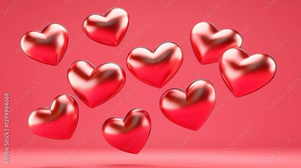 Poster floating red hearts on pink background 3d render