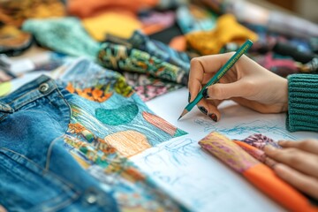 Naklejka premium Close-up of a hand sketching fashion designs on paper surrounded by colorful fabrics and denim.